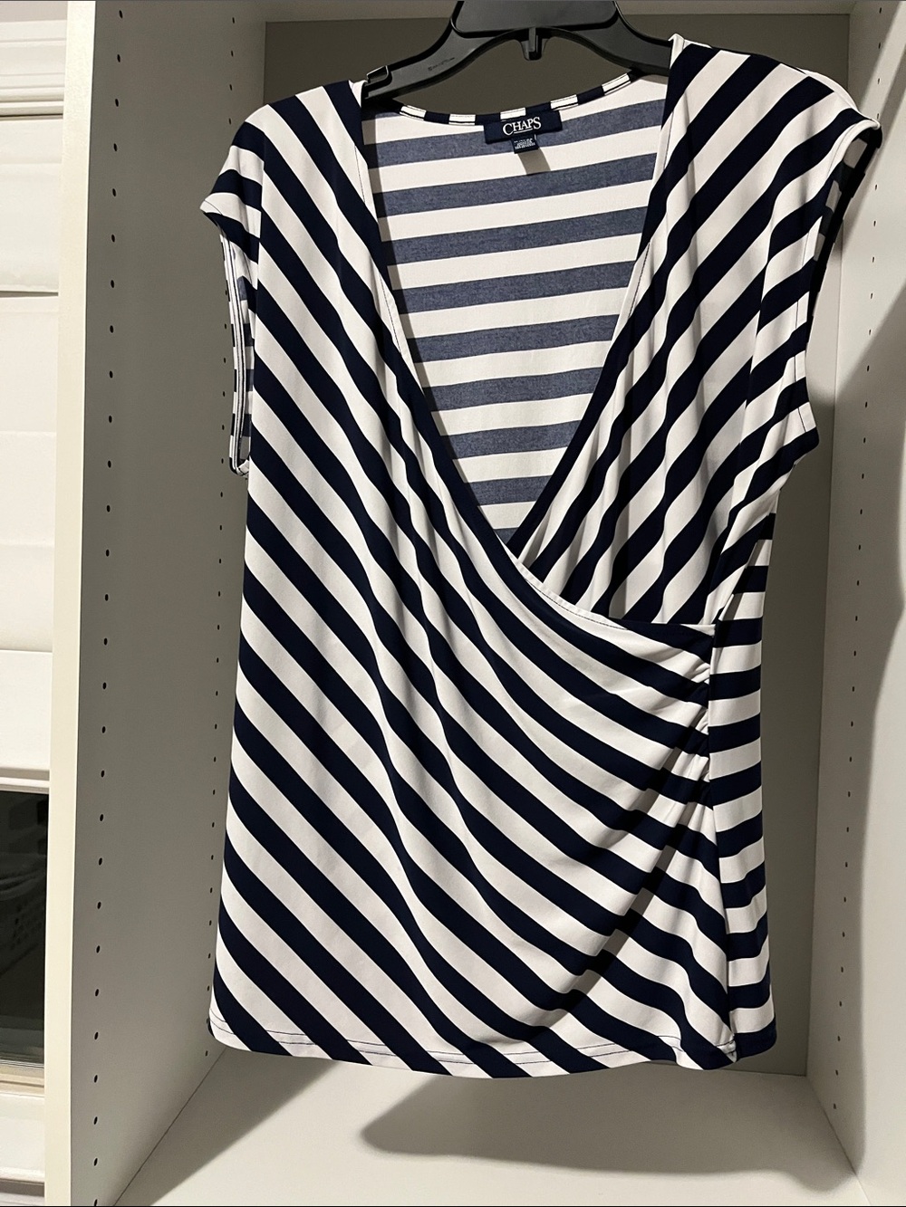 Chaps Navy and White Striped Wrap-Style Top